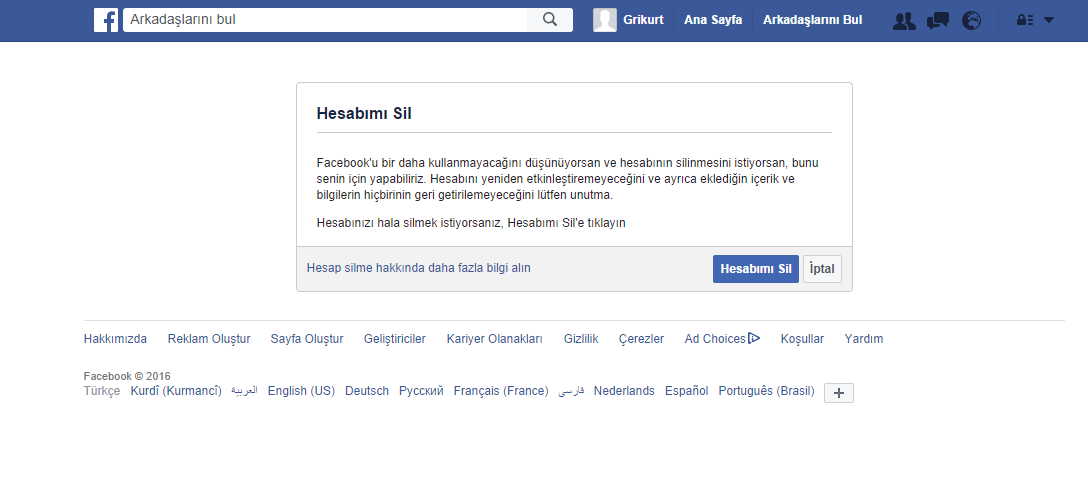 Facebook hesap silme